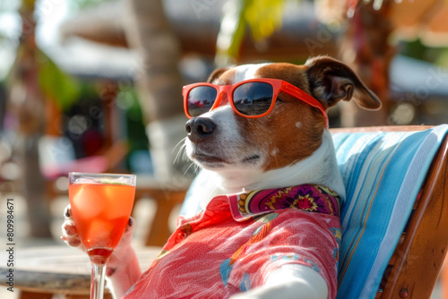 Dog sits relaxed on a lounge chair at the beach, wearing a colorful shirt and sunglasses and drinking a cocktail, summer vacation