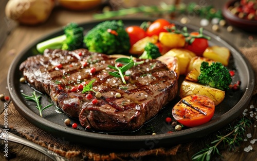 Grilled steak with broccoli, tomatoes, potatoes, and sauce.