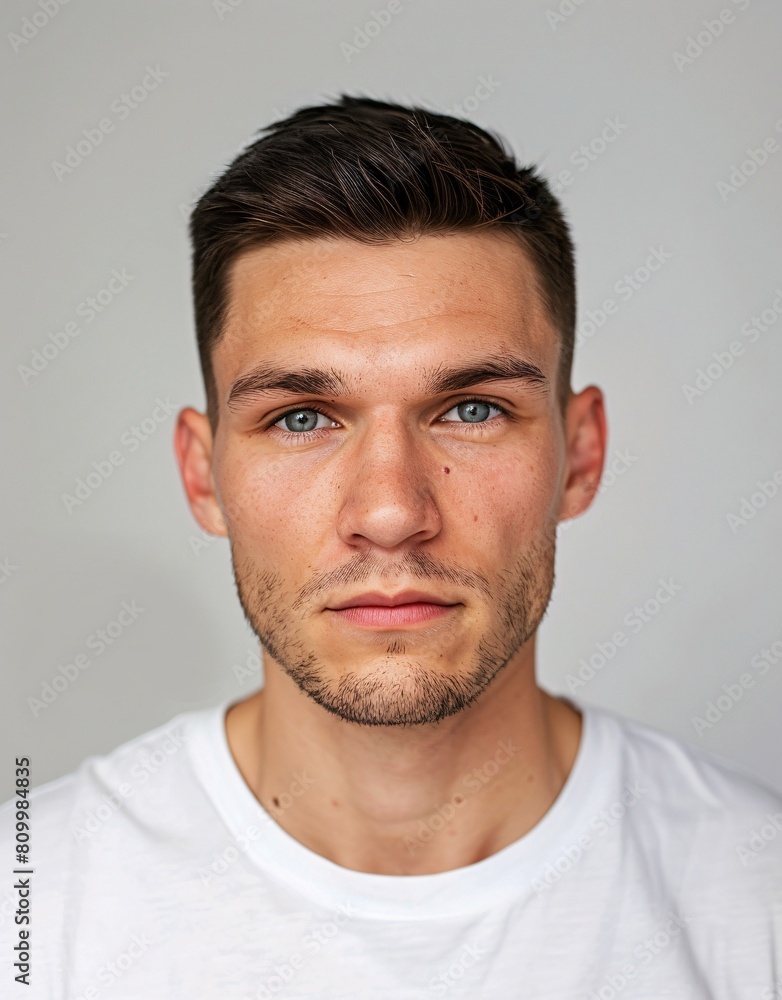 Obraz premium ID Photo for Passport : European adult man with straight short black hair and blue eyes, stubble, without glasses and wearing a white t-shirt