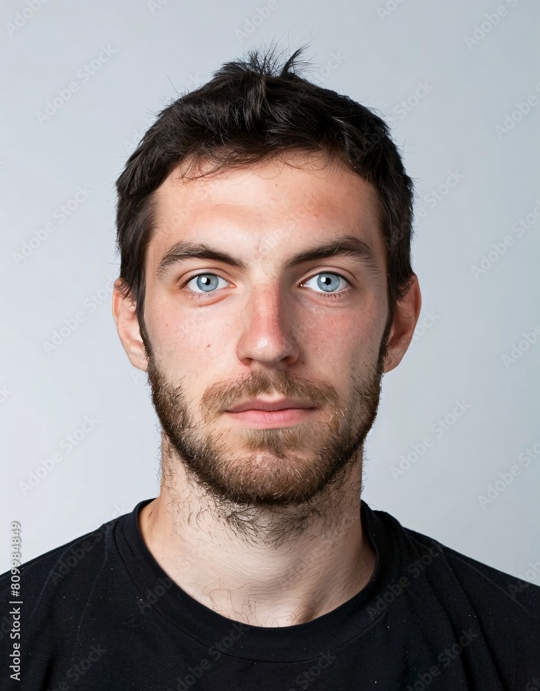 ID Photo for Passport : European adult man with straight short black hair and blue eyes, medium beard, without glasses and wearing a black t-shirt ID Photo for Passport : European adult man with straight short black hair and blue eyes, medium beard, without glasses and wearing a black t-shirt