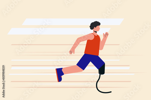 Illustration of abstract man running competition with leg prostheses in a tank top and shorts. Running paralympic athlete flat design illustration.