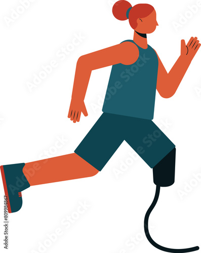 Illustration of abstract woman running competition with leg prostheses in a tank top and shorts. Running paralympic athlete flat design illustration.