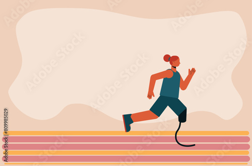 Illustration of abstract woman running competition with leg prostheses in a tank top and shorts. Running paralympic athlete flat design illustration.