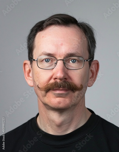 ID Photo for Passport : European adult man with straight short black hair and blue eyes, handlebar mustache, with glasses and wearing a black t-shirt © Maelgoa