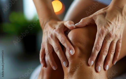 Hands massaging a person's leg to relieve muscle tension. photo