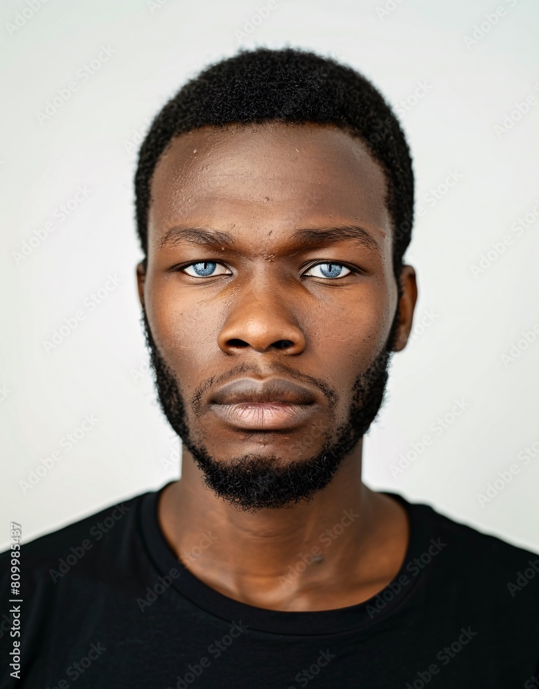 ID Photo for Passport : African young adult man with straight short black hair and blue eyes, short beard, without glasses and wearing a black t-shirt ID Photo for Passport : African young adult man with straight short black hair and blue eyes, short beard, without glasses and wearing a black t-shirt