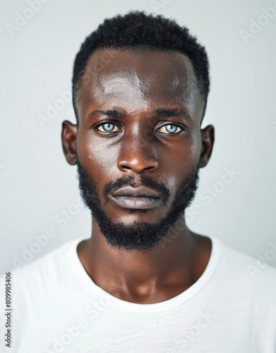 ID Photo for Passport : African young adult man with straight short black hair and blue eyes, medium beard, without glasses and wearing a white t-shirt