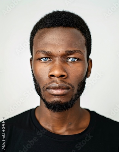 ID Photo for Passport : African young adult man with straight short black hair and blue eyes, short beard, without glasses and wearing a black t-shirt