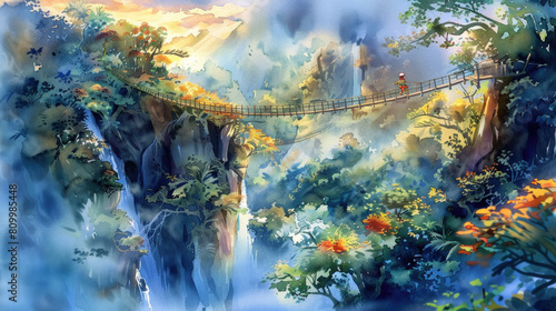 A painting displaying a bridge spanning over a cascading waterfall in a natural setting