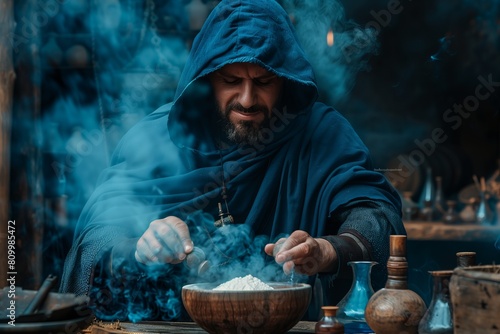 The medieval alchemist make magic ritual at the table in his smoke laboratory. Halloween concept