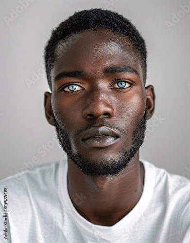 ID Photo for Passport : African young adult man with straight short black hair and blue eyes, short beard, without glasses and wearing a white t-shirt