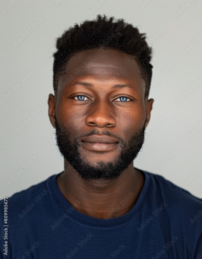 ID Photo for Passport : African young adult man with straight short black hair and blue eyes, medium beard, without glasses and wearing a navy t-shirt ID Photo for Passport : African young adult man with straight short black hair and blue eyes, medium beard, without glasses and wearing a navy t-shirt