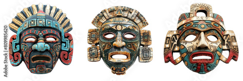 Collection of Aztec masks isolated on white or transparent background, masks for decoration