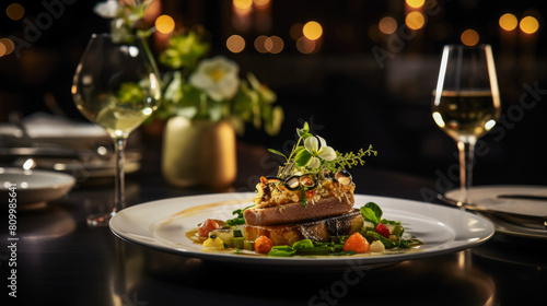 high-end gastronomic experience  meticulously plated cuisine  ambient dining setting  fine wine pairings  upscale service