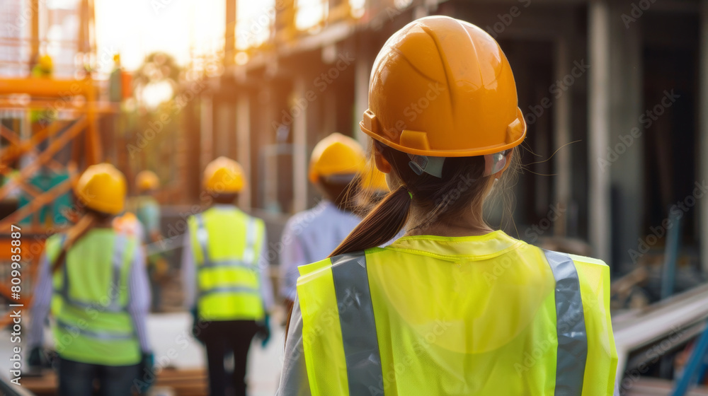 A construction site with workers wearing safety helmets and vests A construction site with workers wearing safety helmets and vests