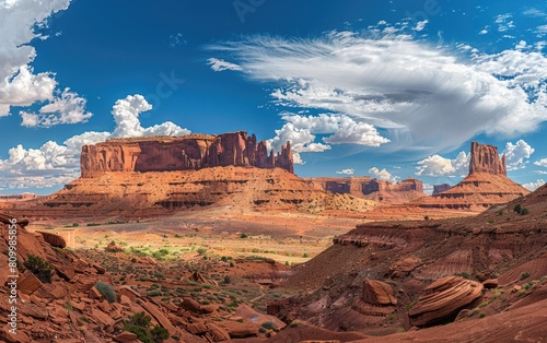 Iconic red sandstone buttes under vast blue skies in a desert landscape. photo