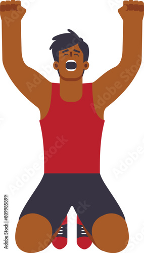 Man in boxing gloves sitting on the ground with arms raised, flat vector art, wearing red tank top. Olympic athlete in the moment of victory.