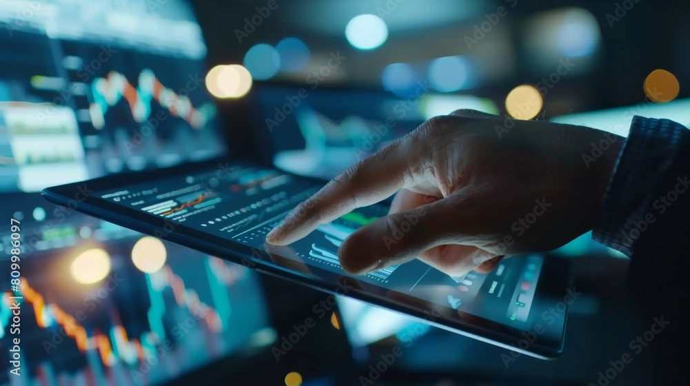 Close up businessman using a digital tablet to analyze financial data and graphs Close up businessman using a digital tablet to analyze financial data and graphs