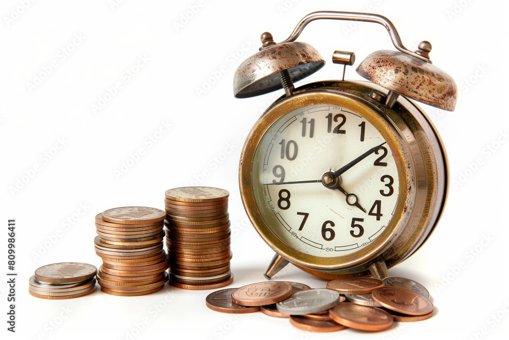 Retro alarm clock and coins stack . Retirement planning. money saving and Investment. Retro alarm clock and coins stack . Retirement planning. money saving and Investment.