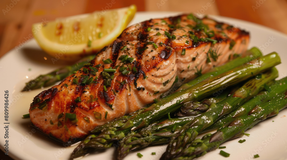 Grilled salmon and asparagus. Delicious restaurant dish Grilled salmon and asparagus. Delicious restaurant dish