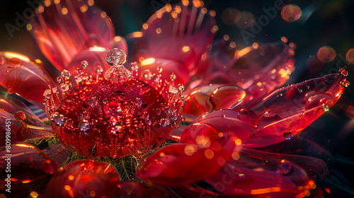 A close up of a red flower with water droplets.