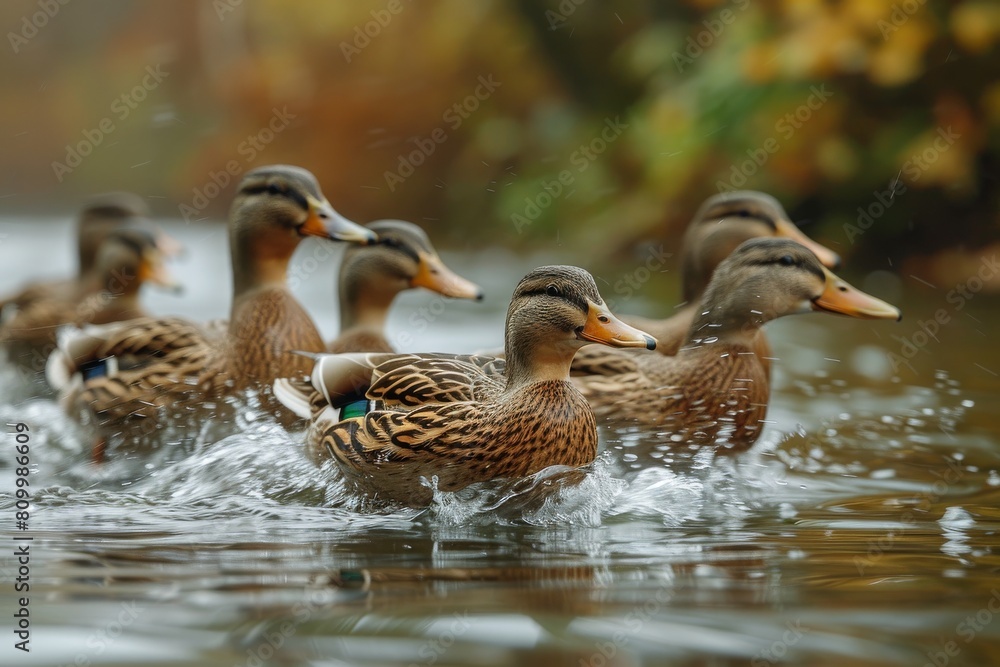 A group of mallard ducks swims peacefully in a pond with autumnal trees reflecting in the water; a tranquil wildlife scene A group of mallard ducks swims peacefully in a pond with autumnal trees reflecting in the water; a tranquil wildlife scene