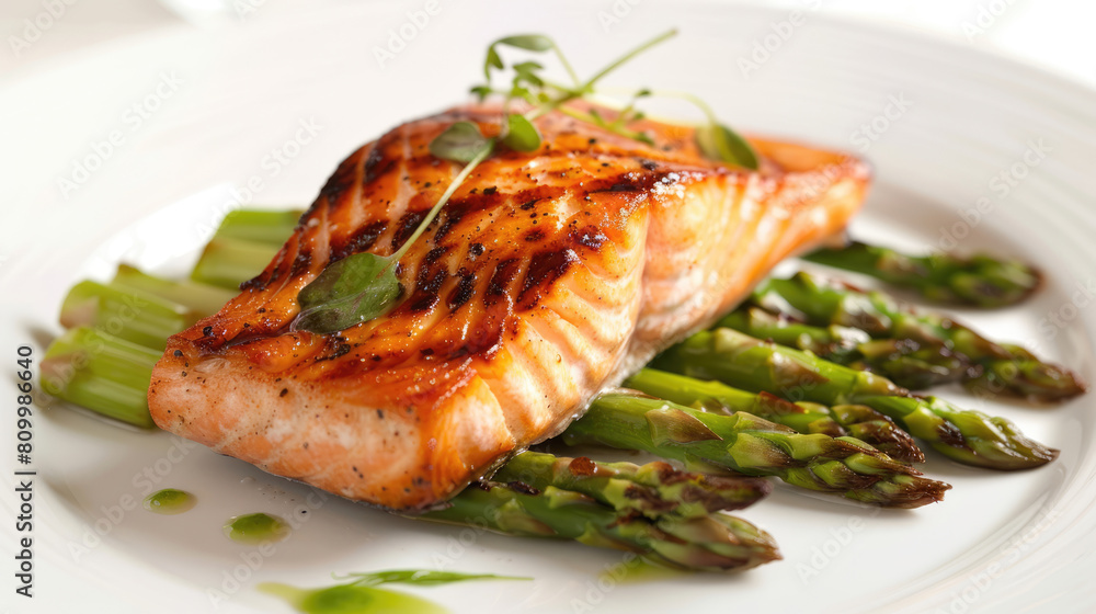 Grilled salmon and asparagus. Delicious restaurant dish Grilled salmon and asparagus. Delicious restaurant dish