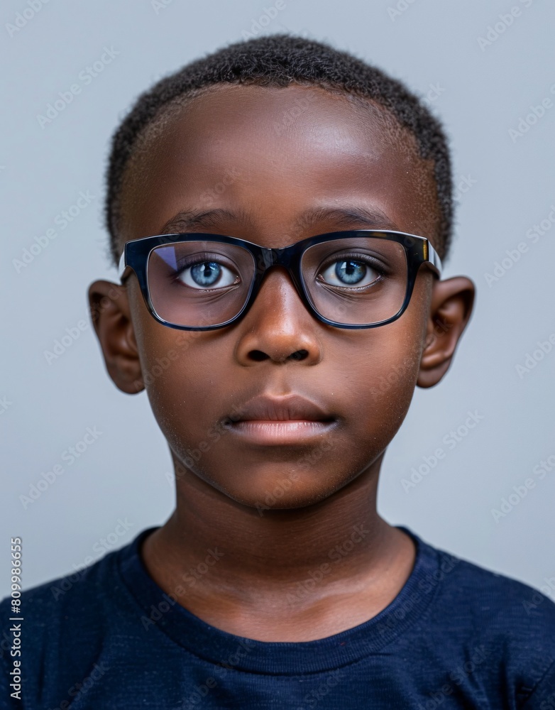 Fototapeta premium ID Photo for Passport : African child boy with straight short black hair and blue eyes, with glasses and wearing a navy t-shirt