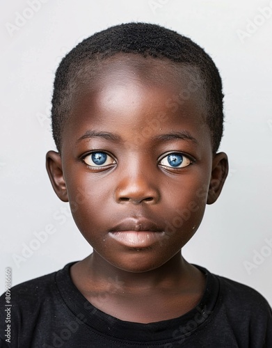 ID Photo for Passport : African child boy with straight short black hair and blue eyes, without glasses and wearing a black t-shirt