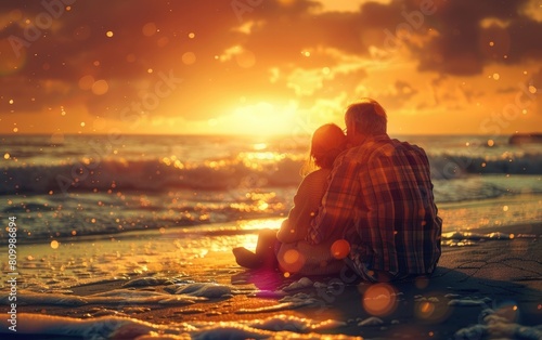 Joyful elderly couple sitting together on the beach at sunset.