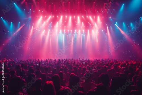 Captures the high-energy vibe of a music concert with a crowd enjoying a spectacular red light show