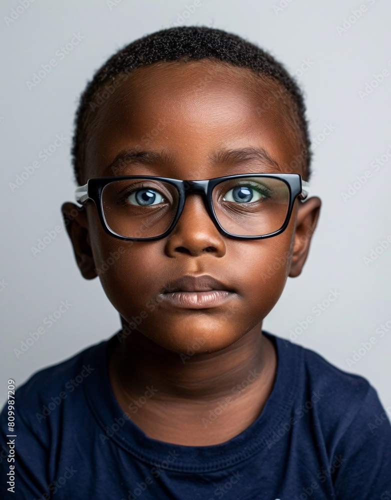 ID Photo for Passport : African baby boy with straight short black hair and blue eyes, with glasses and wearing a navy t-shirt ID Photo for Passport : African baby boy with straight short black hair and blue eyes, with glasses and wearing a navy t-shirt