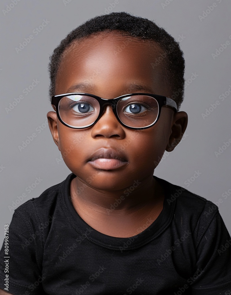 ID Photo for Passport : African baby boy with straight short black hair and blue eyes, with glasses and wearing a black t-shirt