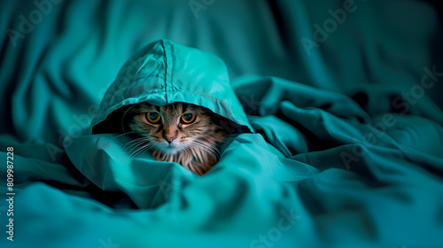 cat hiding in the middle of a blanket 