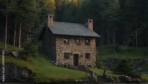 A beautiful view and a stone house in the forest 8k