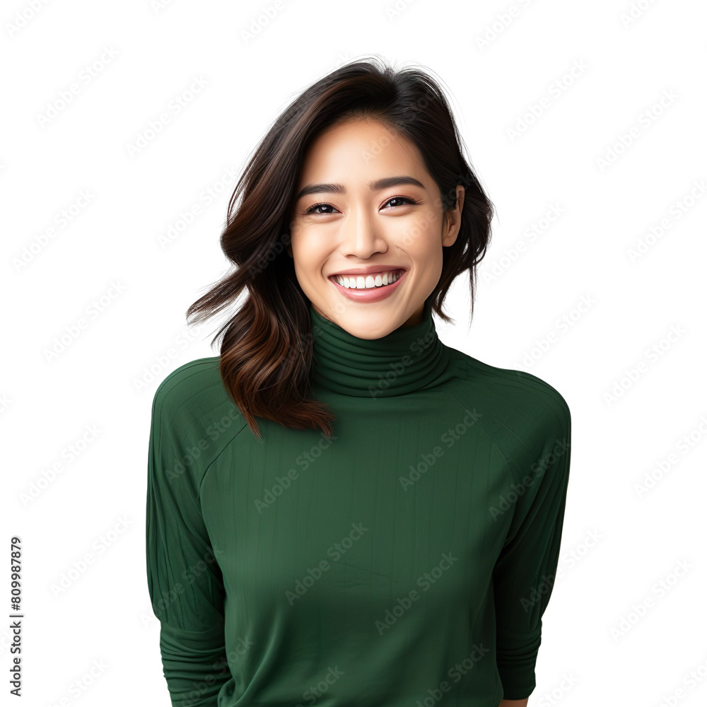 Front view mid shot of a beautiful Asian woman dressed in a forest green turtleneck sweater and beige corduroy pants, smiling on a white transparent background Front view mid shot of a beautiful Asian woman dressed in a forest green turtleneck sweater and beige corduroy pants, smiling on a white transparent background