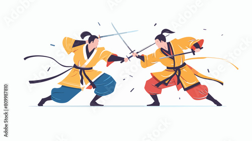 Wushu fight. Kung fu fighters in battle combat.  photo