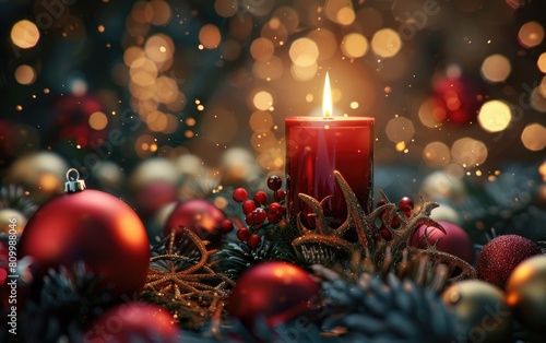 Lit red candle amid festive decorations with warm golden glow. photo