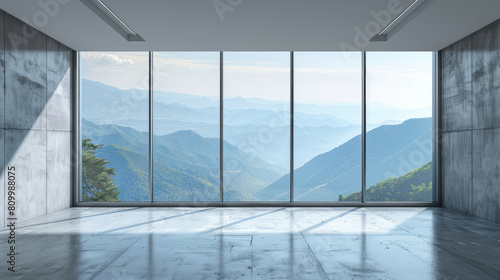 Panoramic window overlooking a mountain valley. Minimalist design