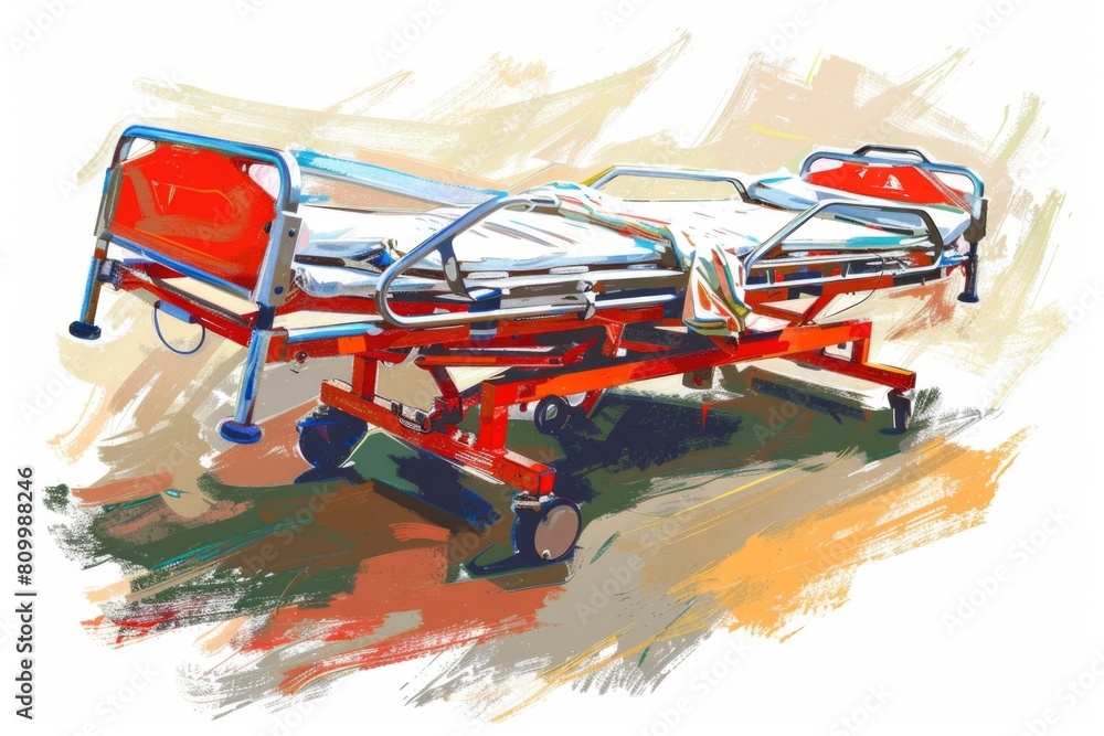 A drawing of a hospital bed on a cart. Suitable for medical concepts
