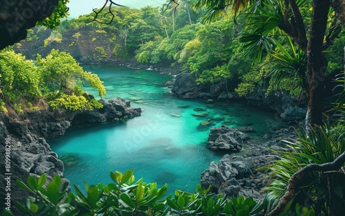 Lush greenery surrounds a serene turquoise bay  dotted with black volcanic rocks.