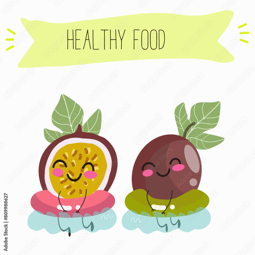 Cute passion fruit characters, funny fruits, funny berry with different activities. Flat vector illustration. Organic food, healthy food, illustrations for kids menu, invitations. Cute passion fruit characters, funny fruits, funny berry with different activities. Flat vector illustration. Organic food, healthy food, illustrations for kids menu, invitations.