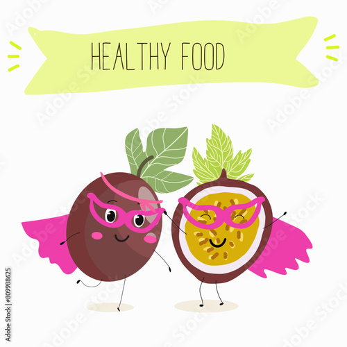 Cute passion fruit characters, funny fruits, funny berry with different activities. Flat vector illustration. Organic food, healthy food, illustrations for kids menu, invitations.