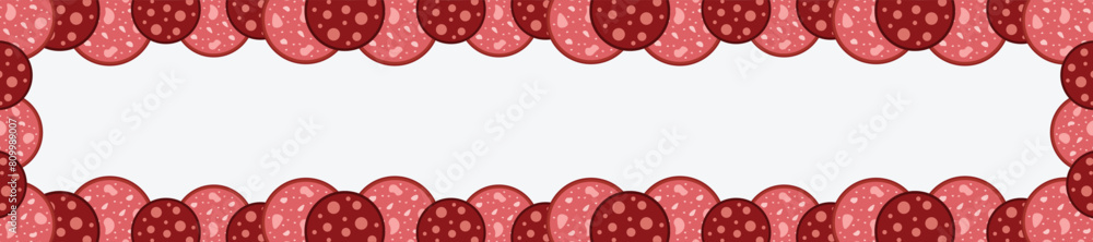 Slices of salami sausage border. Frame of Salame Meat delicatessen gastronomic product. National Salami Day Slices of salami sausage border. Frame of Salame Meat delicatessen gastronomic product. National Salami Day
