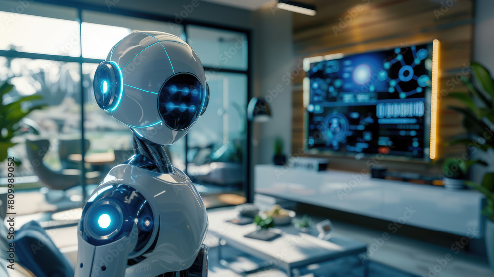 Interior of a smart home with smart technologies and robot assistants Interior of a smart home with smart technologies and robot assistants