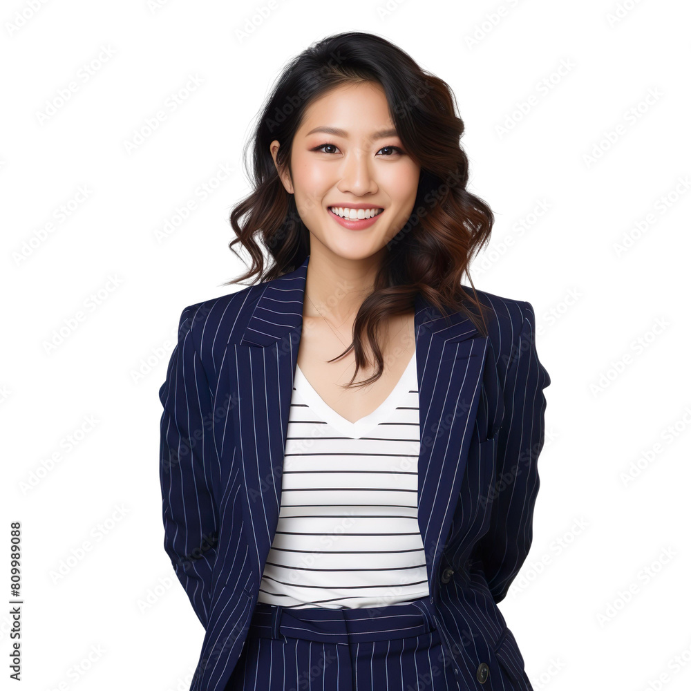 Front view mid shot of a beautiful Asian woman dressed in a navy blue blazer and striped pencil skirt, smiling on a white transparent background Front view mid shot of a beautiful Asian woman dressed in a navy blue blazer and striped pencil skirt, smiling on a white transparent background