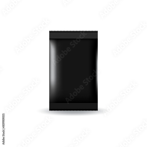Blank black flat aluminum foil sawtooth packaging bag heat sealing for food. Storage pouch mock up of coffee, tea, sugar, snack, powder, nut, candy. Isolated on white background. Vector illustration.
