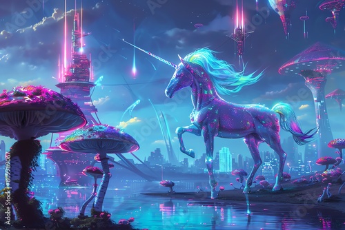 Illustrate a sleek unicorn in a holographic sheen, aiming a high-tech spear thrower near the shimmering waters of an oil rig, surrounded by towering psychedelic mushrooms photo