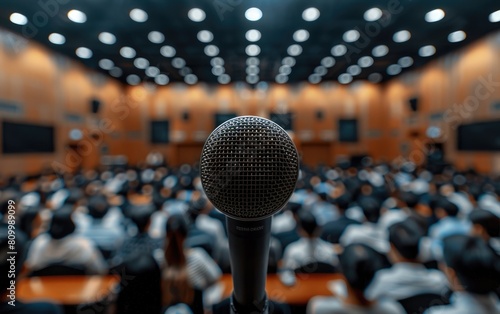 Microphone aimed at a blurred audience in a conference room.