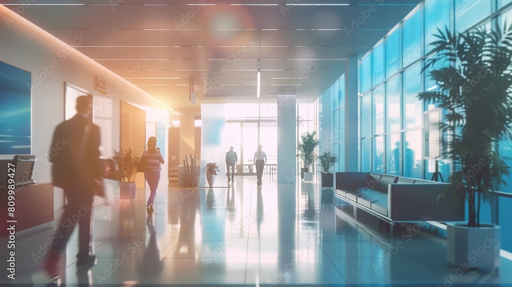 image of inside an office with people moving in the background, with light blue and white image of inside an office with people moving in the background, with light blue and white